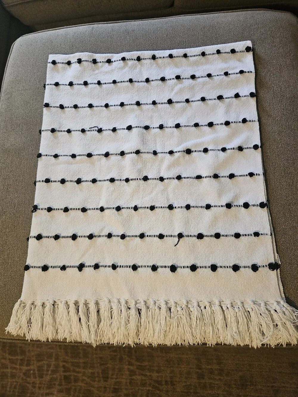 Off-white & Black Woven Cotton Loop Throw Blanket With Fringe